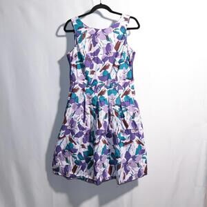 Carole‎ Little 100% Cotton Dress Purple Blue Abstract AOP Boho Fairy 6 *No belt